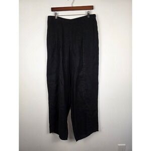 FLAX Black 100% Linen Wide Leg‎ Pants Elastic Waist Comfort Casual Medium